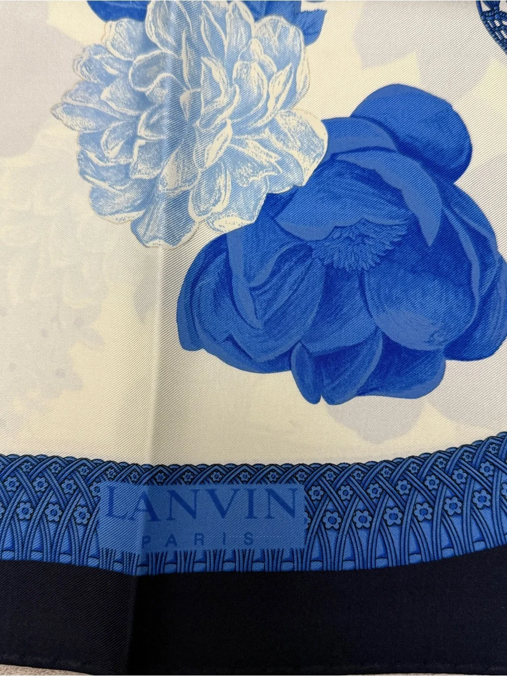 Lanvin Blue and White Floral & Butterfly Silk Scarf
